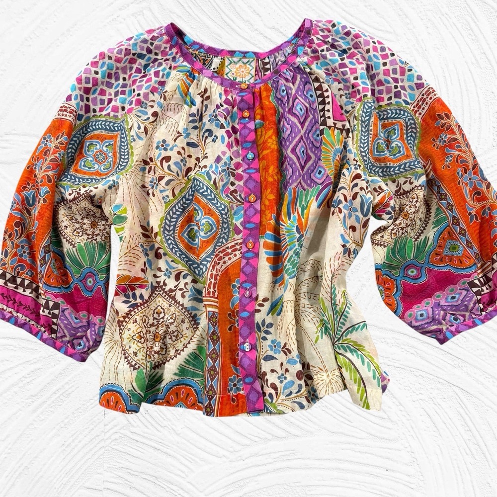 Johnny Was Michaella Peasant Blouse Avelar print Cotton Silk Large Birds